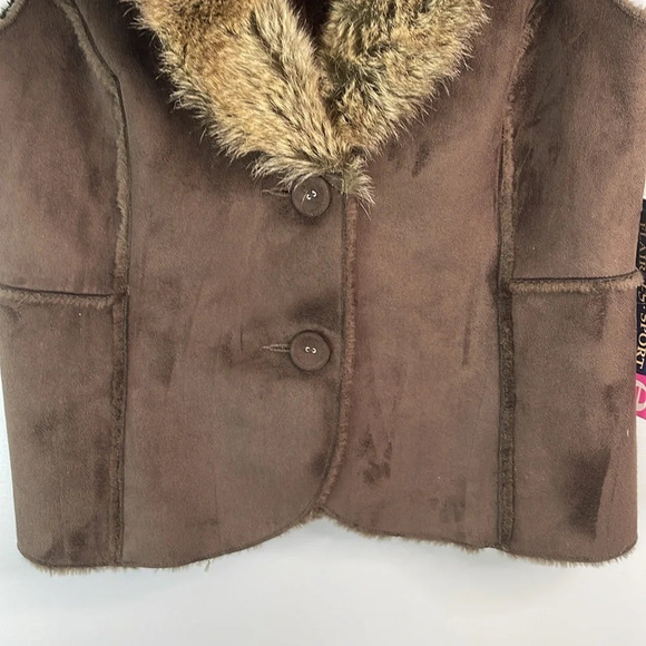 FLAIR SPORT NWT Fun Fur Shawl Collar Vest Brown Faux Suede  Button Front MP - Picture 4 of 11